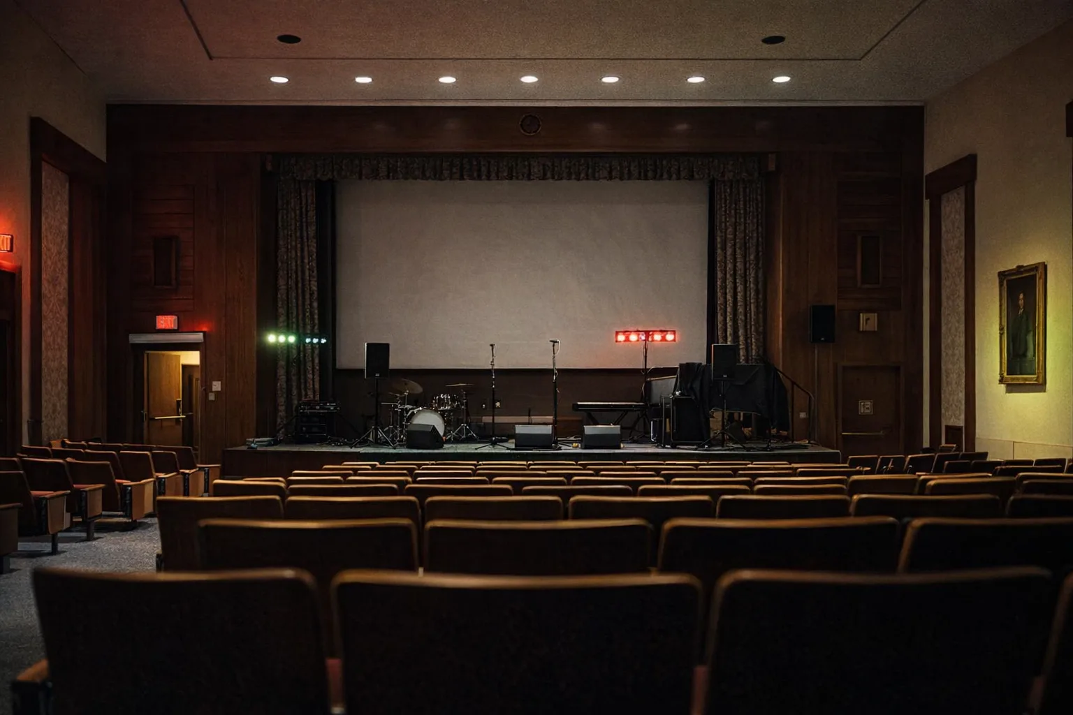 Historic auditorium — band stage with lighting and audio