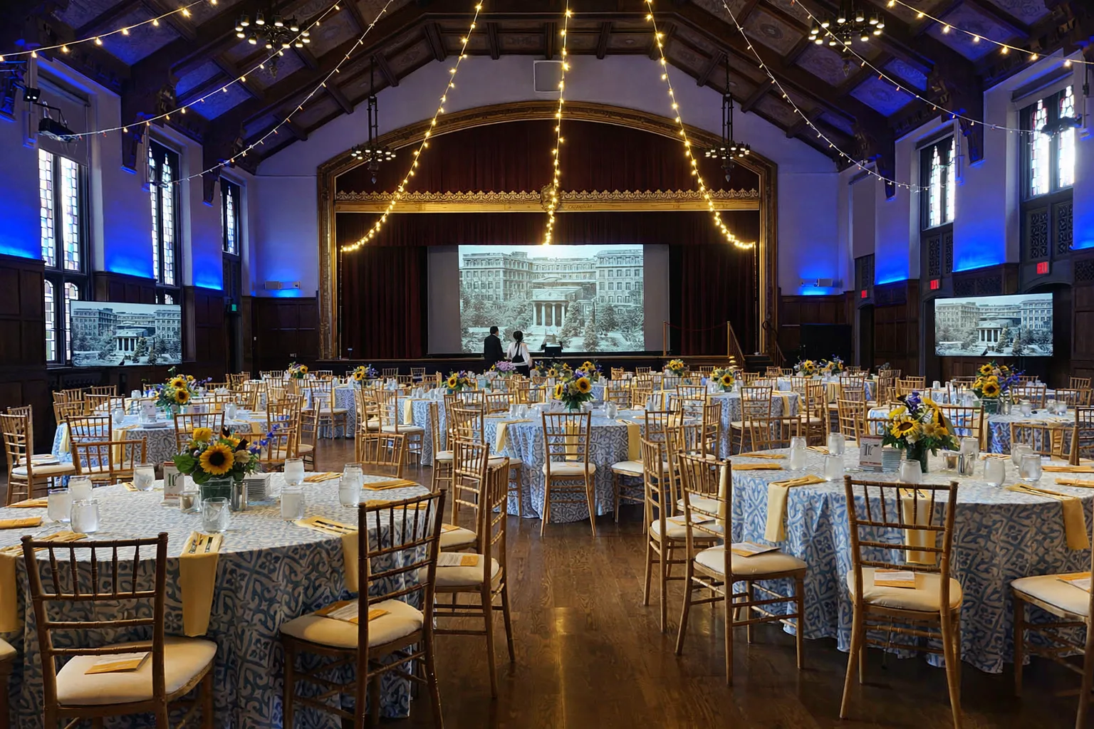 Gala event — projection, uplighting, and string lighting