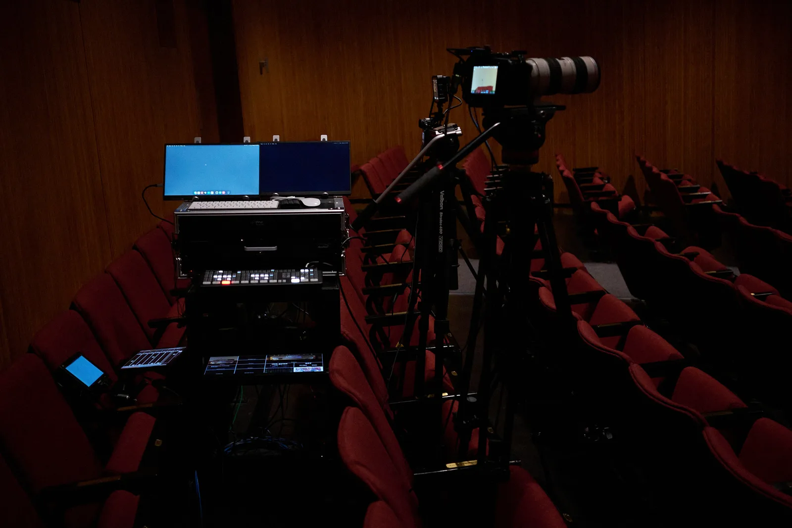 Theater pre-show — livestream station with video switcher and camera
