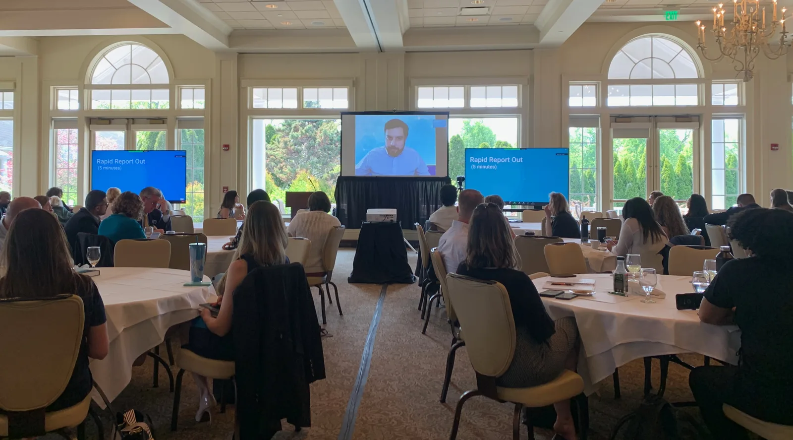 Hybrid event — projection, dual displays, and remote presenter